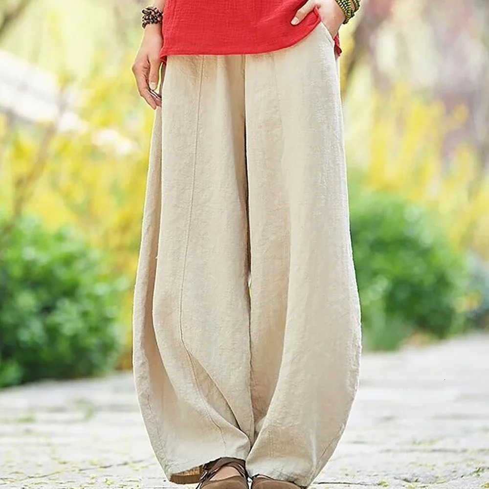 Loose Fitting Cotton Linen Style Balloon Pants Wide Leg Pants Women Vintage Full Length Harem Pants Solid Elasitic Waist S-5XL 250320