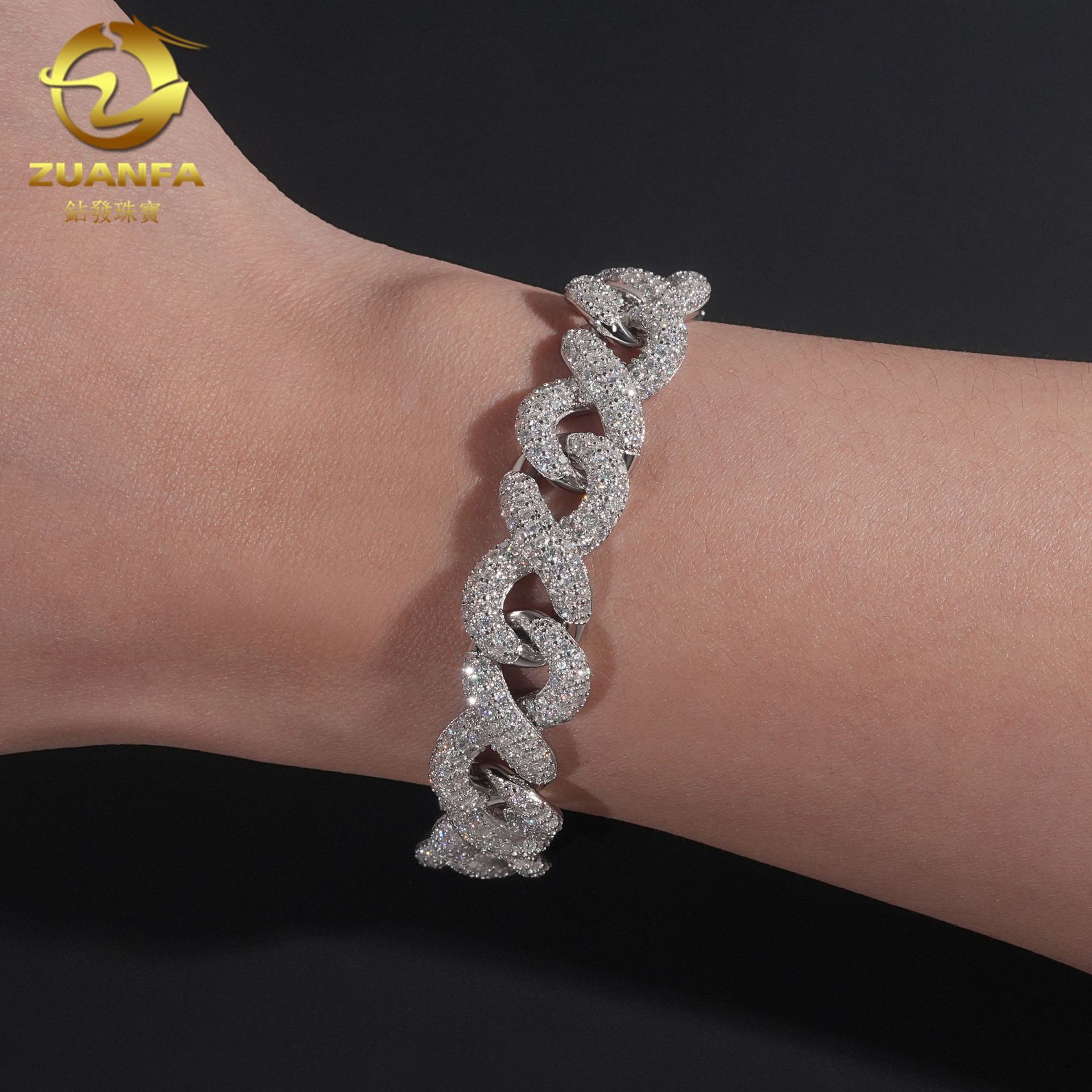 Diamond hair new 13mm 8-shaped Cuban chain S925 silver full set moissanite hip-hop trendy mens bracelet GRA