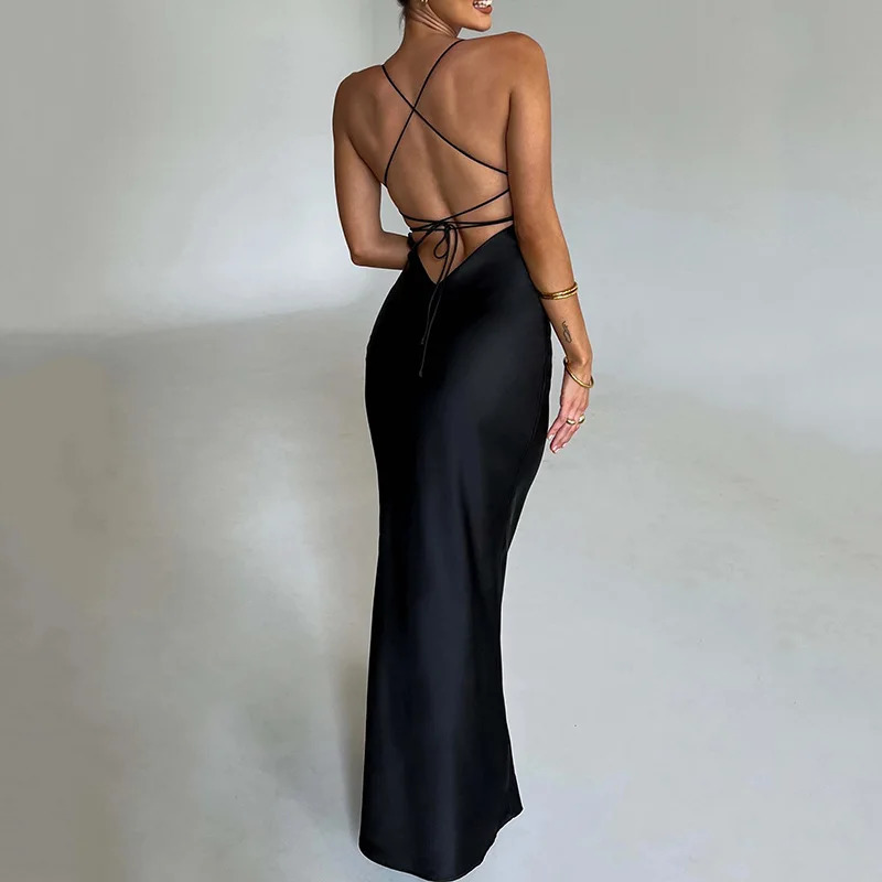Satin backless ultrathin sexy dress womens Bodycon long summer mermaid elegant night club party Vestidos 250320