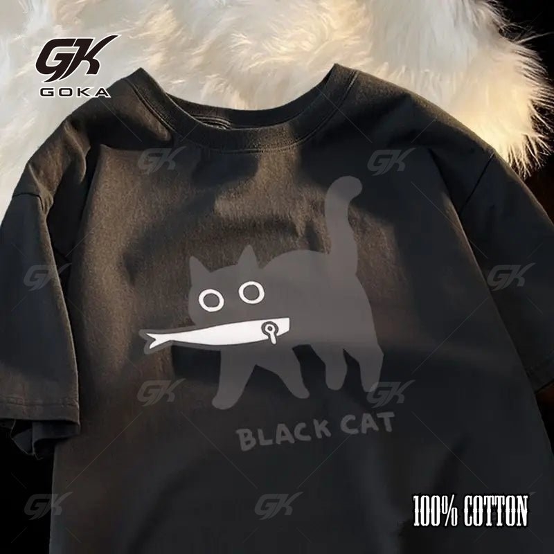 Fashion Women Cotton Tshirts Kawaii Cartoons Black Cute Cat Printing Tees Unisex ONeck Loose Tops Street Casual Female Clothes 250311