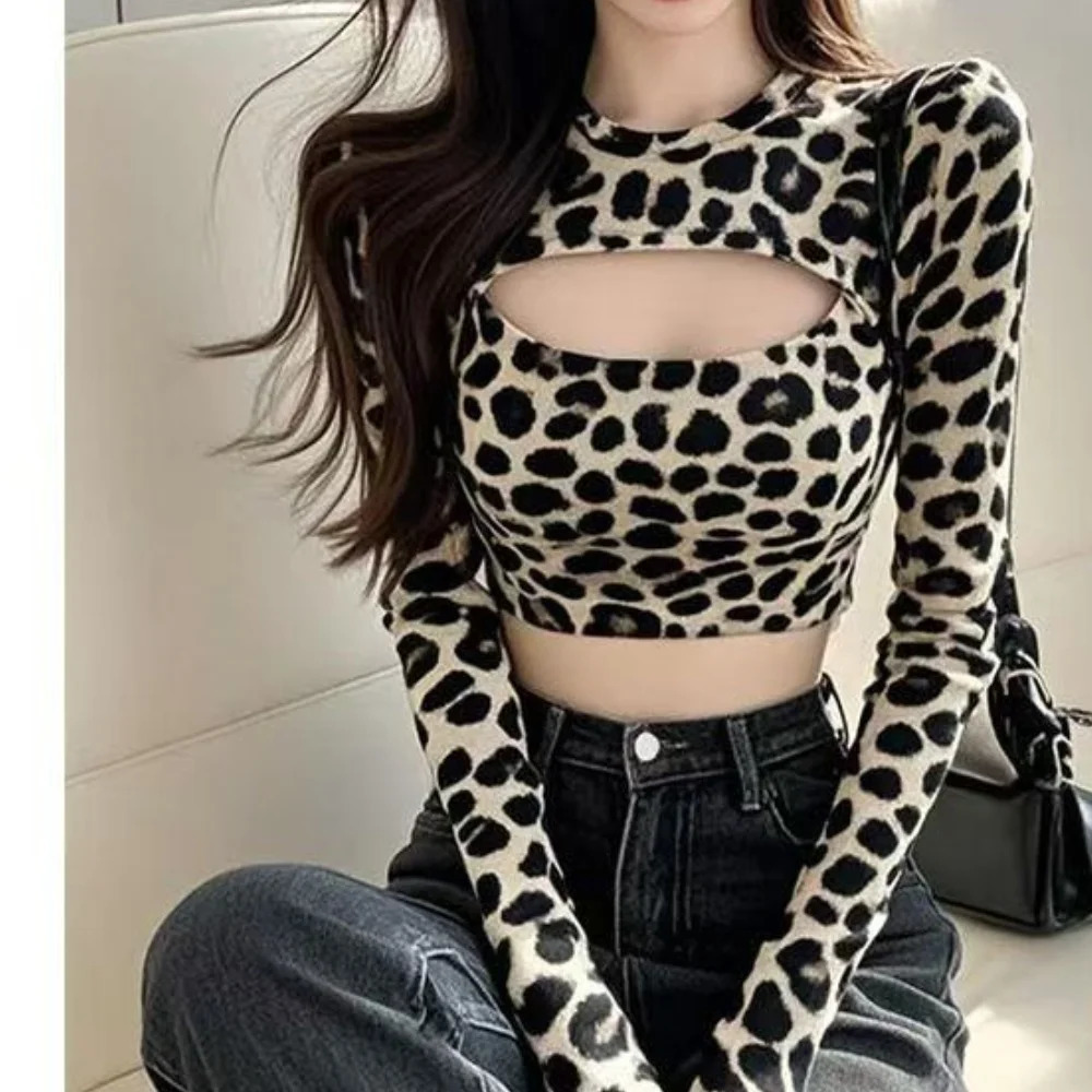 In Spring Womens TShirts Blouses ONeck Long Sleeve Crop Top Leopard Short Slim Sexy Hollow Out Female 250311