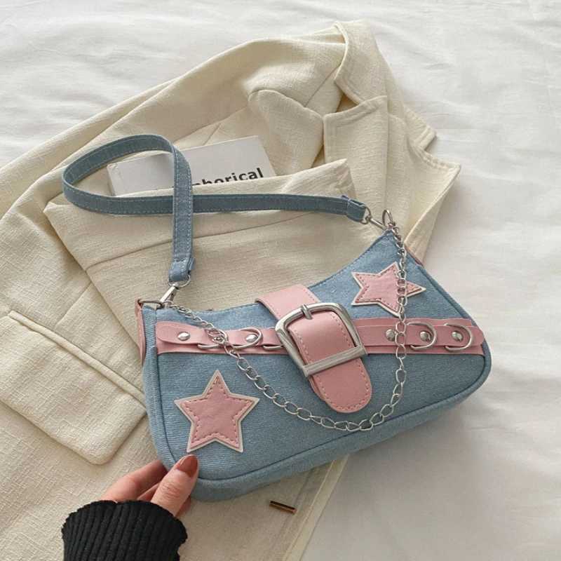 Y2k hot girl denim shoulder bag retro star womens underwear bag womens handbag Y250320
