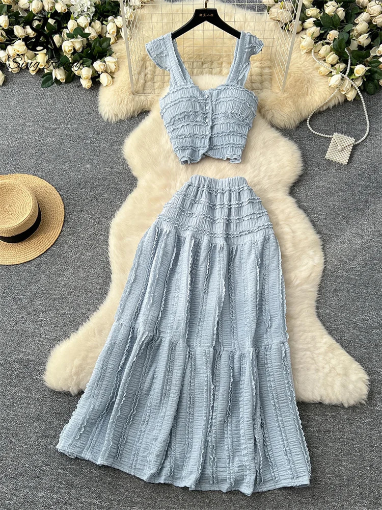 SINGREINY Casual Beach Style 2pcs Suits Single Breasted Mini CamisoleElastic Waist A Line Fold Slim Skirt Gentle Women Sets 250320
