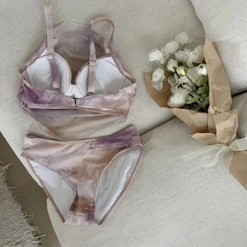 Sexy purple tie dye bikini 2025 womens swimsuit apron three piece set Korean beach tight 250320