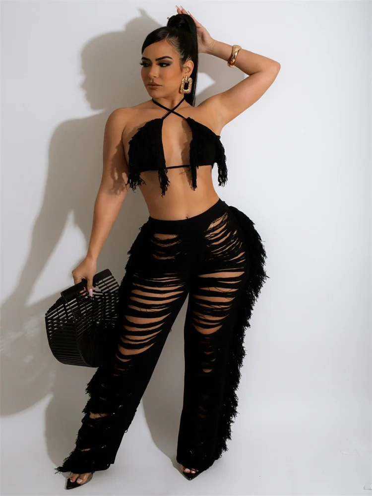 RT Sexy Women Crochet Set Two Pieces Set Halter Backless Top Pants Tassels Knitted 2 Pieces Set Hollow Out Crocheted Beach Set 250320