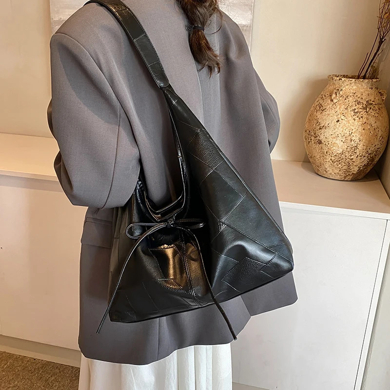 Large capacity solid color PU bow tie shoulder bag tote bag hand-held shopping bag suitable for girls women college student 250320