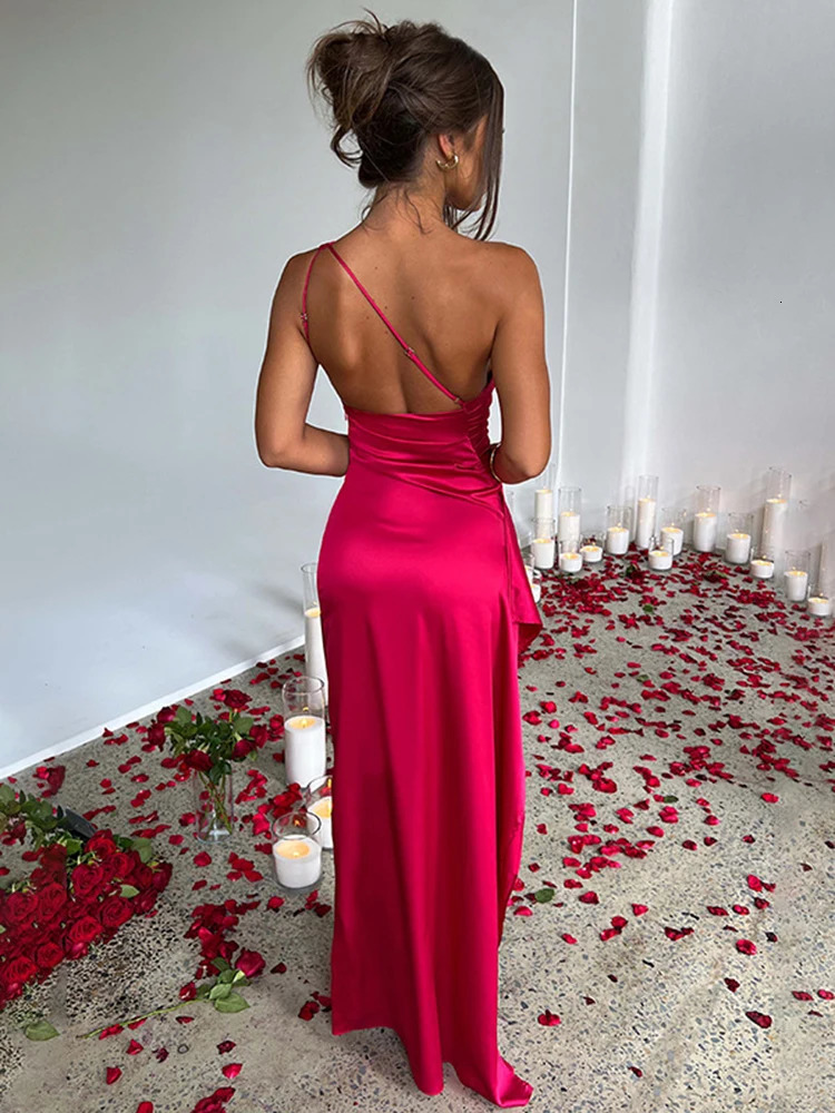Summer sexy one shoulder satin long dress womens sleeveless backless high cut party evening elegant cocktail 250320
