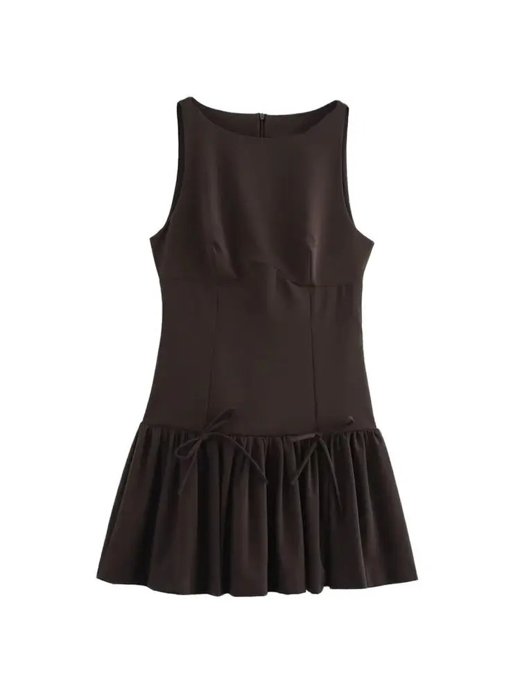 TRZA Womens Ruffle Mini Dress with Bow Oneck Sleeveless Back Zipper Wear Fashion 250320