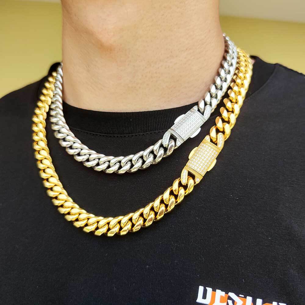 Hip Hop Jewelry 12mm Miami Stainless Steel PVD Cuban Link Necklace Iced Clasp Cuban Link Chain Free Engrave Drop Shipping