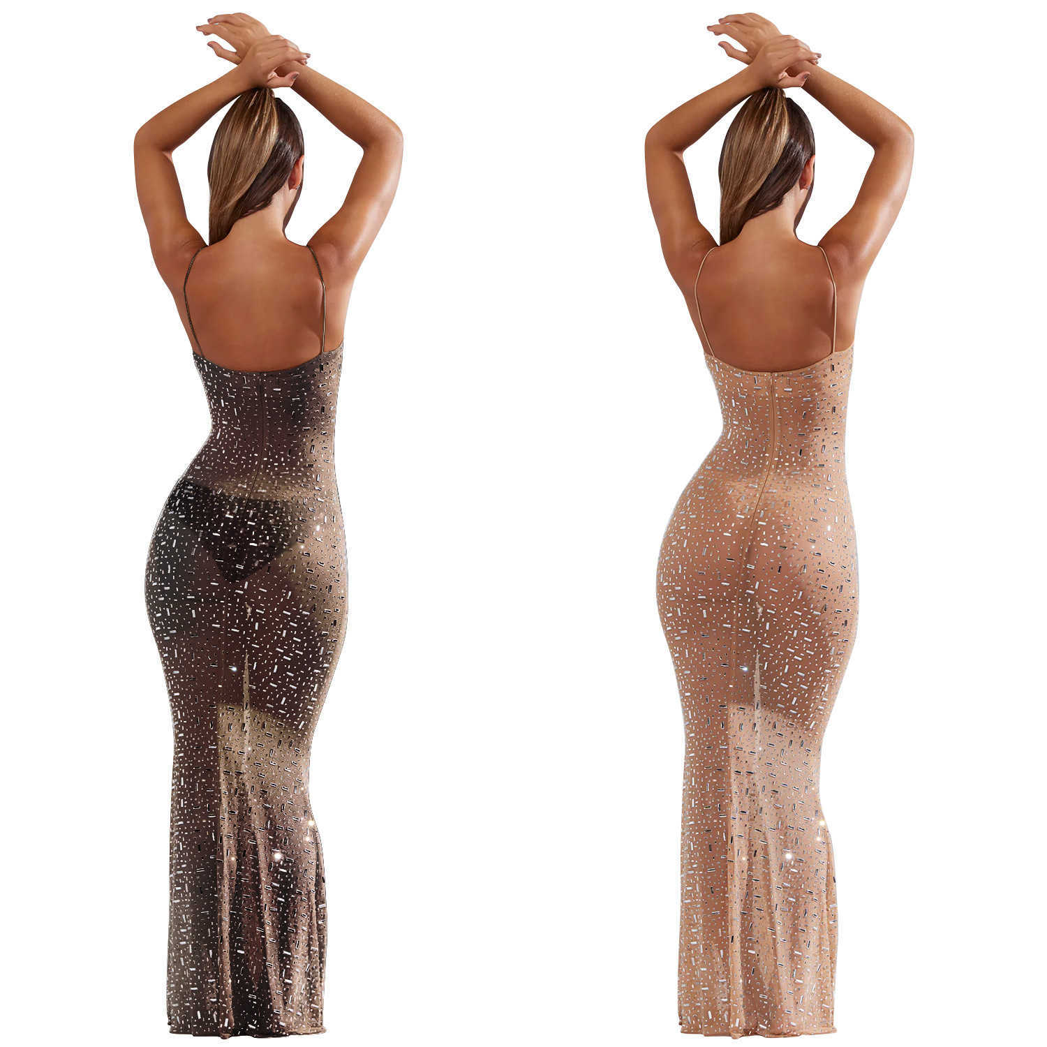 Fashion Women's Solid Color Mesh Hot Diamond Strap Long Dress 250315