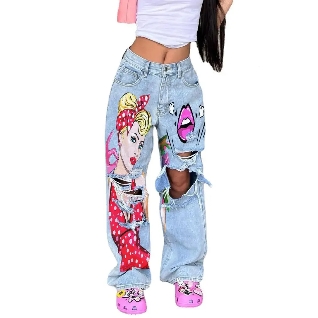 Vintage Washing High-Waisted Wide-Leg Jeans Womens Fashionable Printed Hollow Straight-Leg Trousers 250320