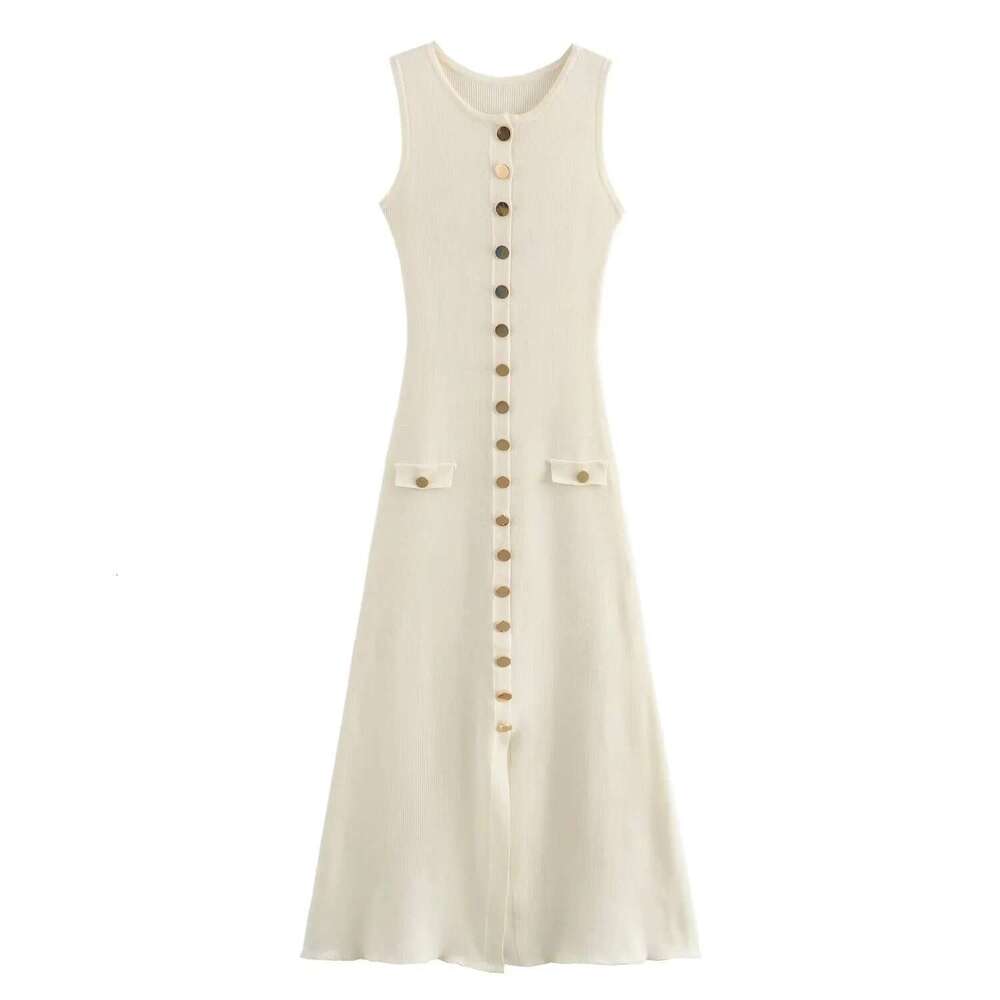 Women Elegant Solid Knitted Single Breasted O Neck Sleeveless Dresses With Pockets Slim Midi Dress Office Lady