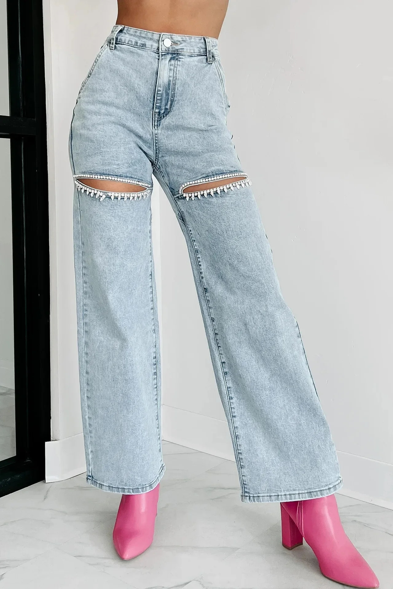 Womens casual loose blue Y2k solid elegant splicing straight Trouser hole high waisted jeans summer 250317