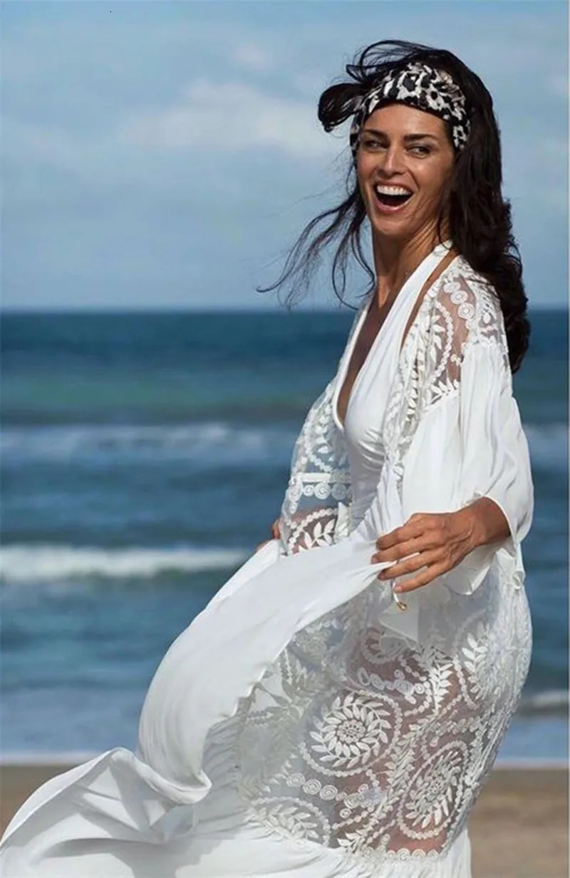 Fashion Patchwork Lace Bikini Cover Up See Through Swim Cardigan Over Size Holiday Wear Swim Ruffle Kaftan Beach Dresses 250320