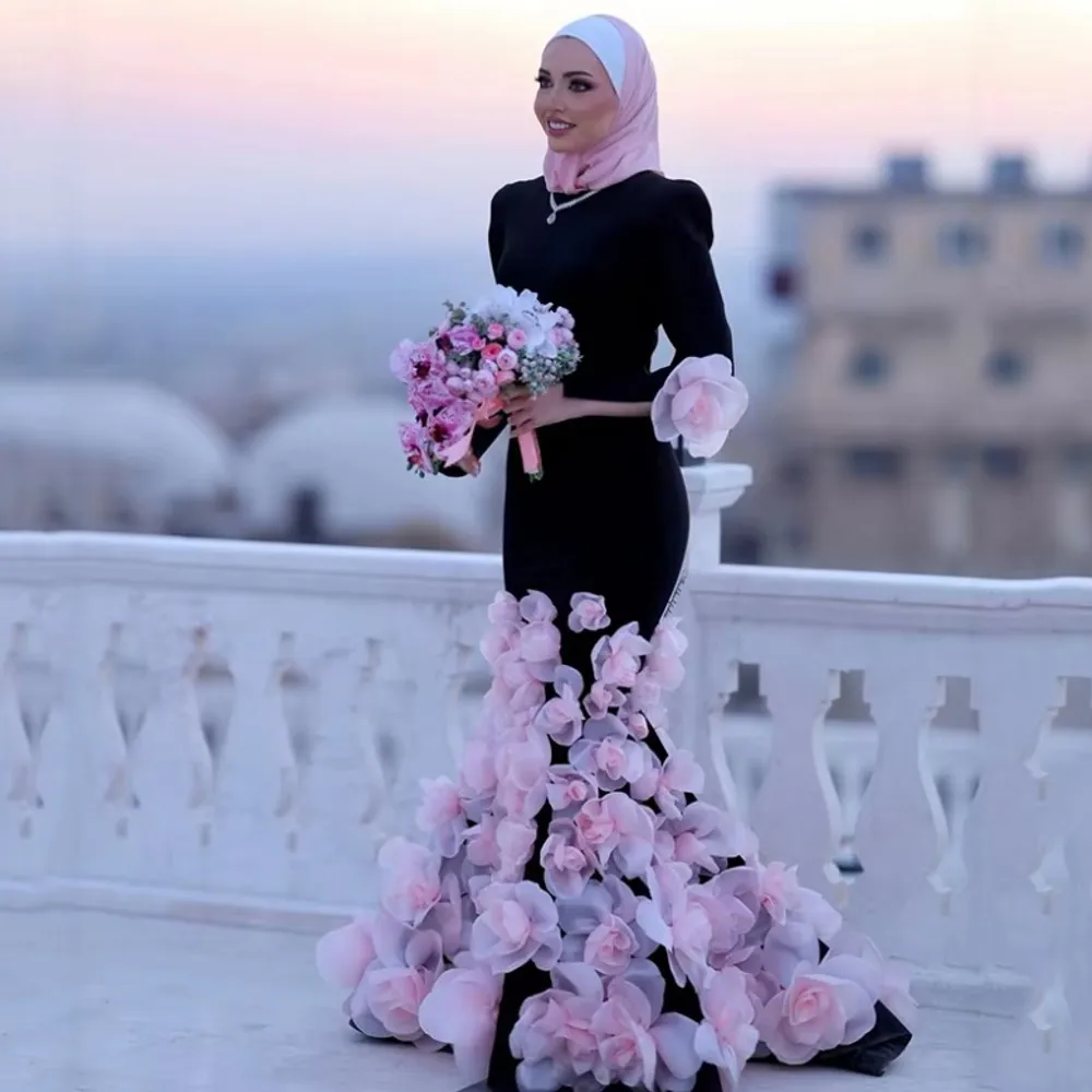 Elegant Arabic Dubai Pink Flowers Prom Dresses Long Sleeves Black Mermaid Formal Party Gowns High Neck Islamic Muslim Evening Dress Custom Made