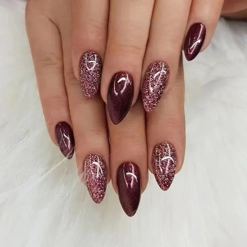 24Pcs Simple Wine Red Fake Nail with Glue Mid-length Almond Press on False Nails Wearable Round Head Oval Full Cover Nail Tips 250319