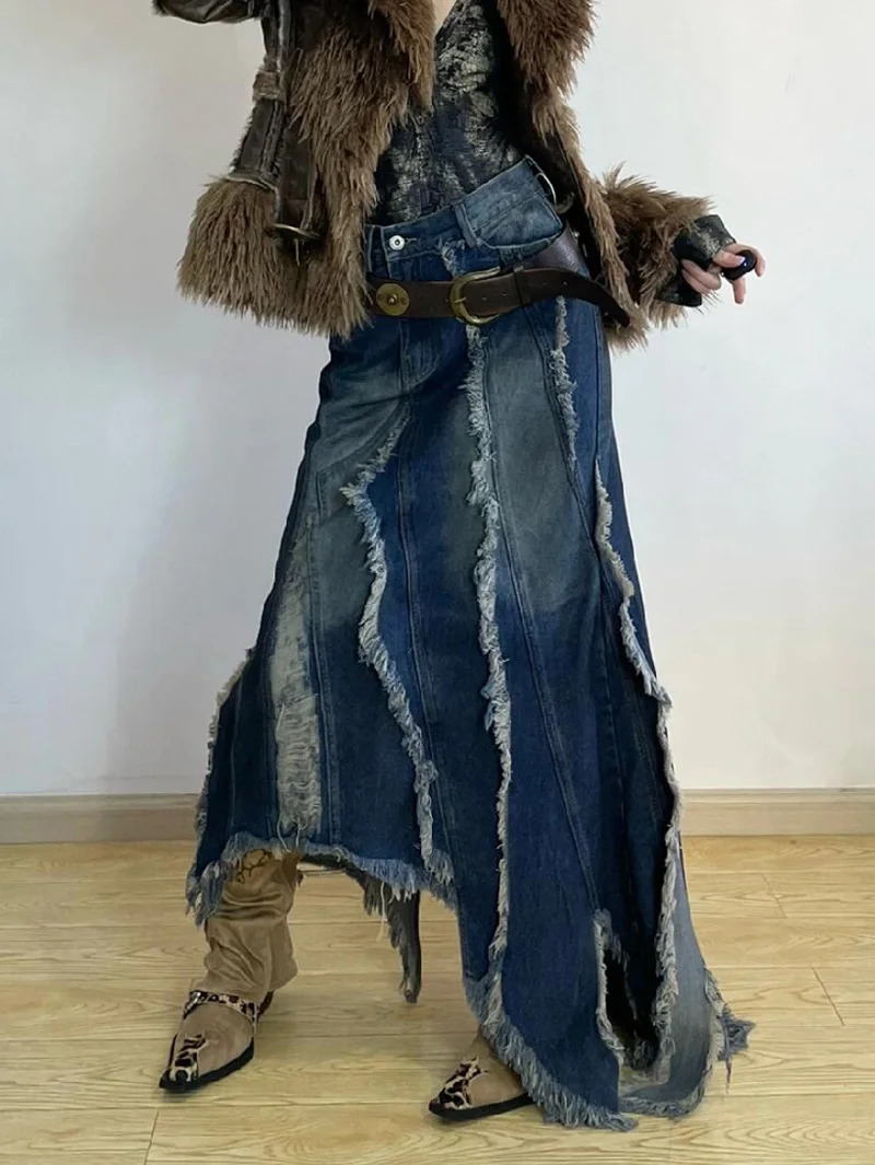 Women Denim Skirt Y2k Emo 2000s Clothes Long Skirt Harajuku Korean 90s Fashion Vintage Gradient A-line Jean Skirt Grunge Clothes 250320
