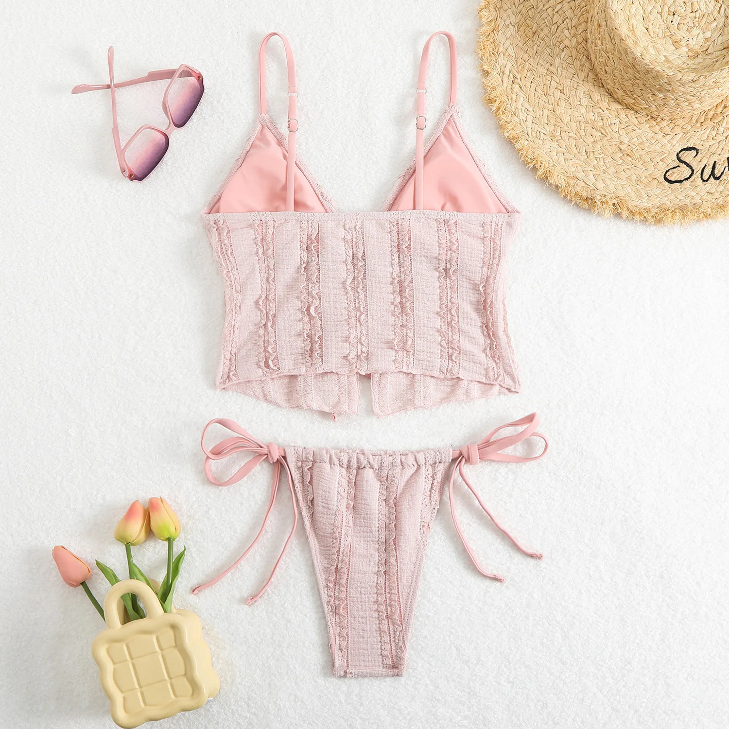 Sexy brown bikini 2025 two piece swimsuit womens thong set sweet tie top beach 250320