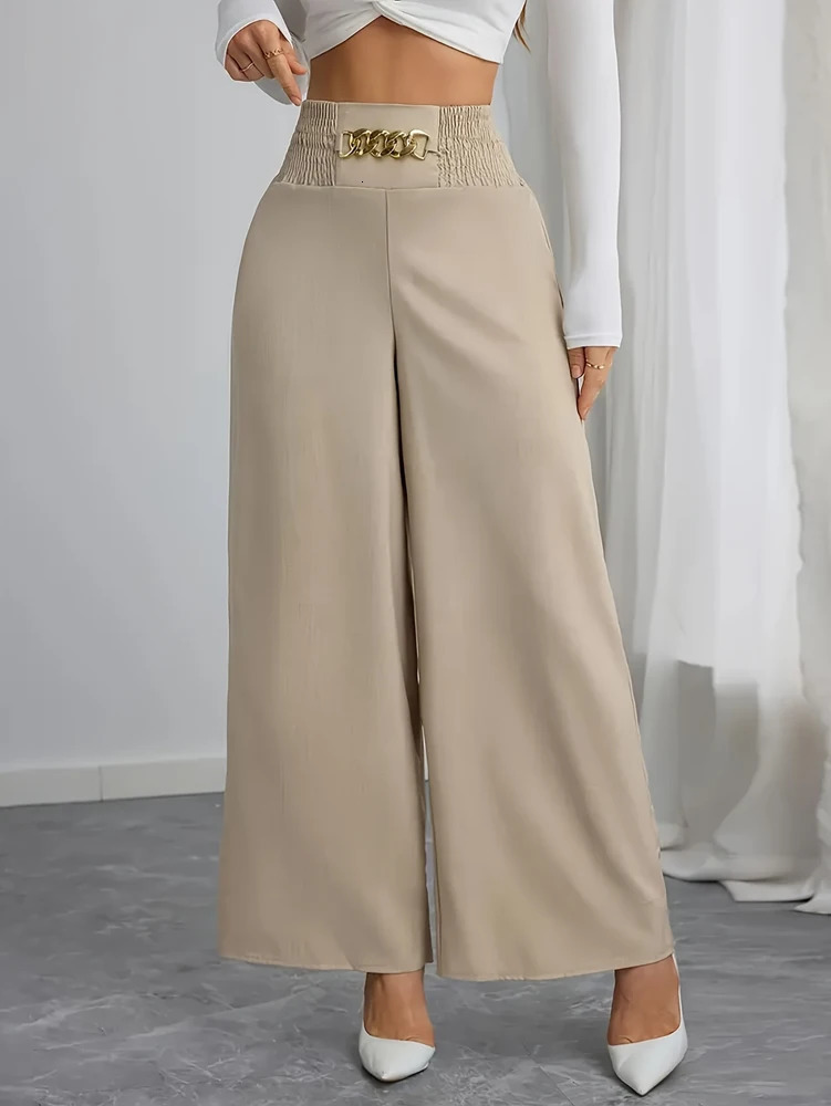 Womens casual wide leg pants oversized fit brushed waist polyester blend suitable for beach or loft 250320