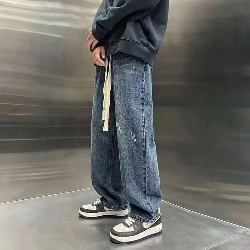 Mens luggage straight leg wide denim pants trend casual style street clothing mens lace design selling jeans 250312