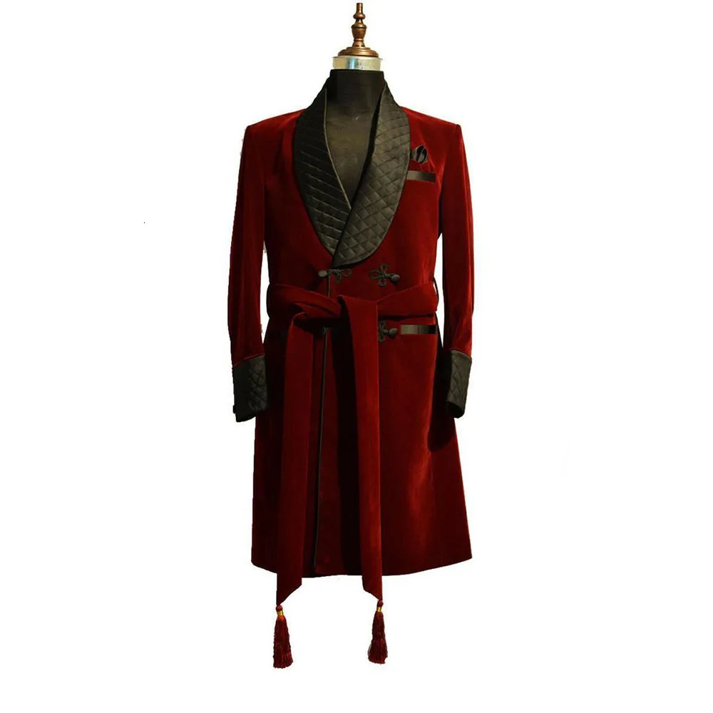 Burgundy Mens Long Jacket Black Shawl Lapel Double Breasted Velvet Smoking Male Coat Casual Slim Fit Handsome Outerwear 250311