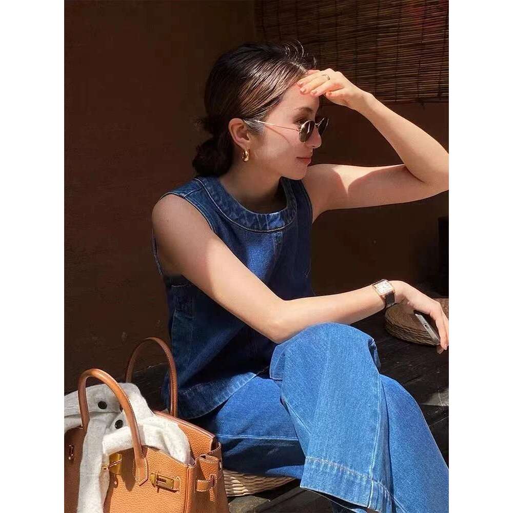 Blue Denim Vest Suit, Sleeveless Top, Jeans, Commuting, Casual Women's Pants Two-Piecet