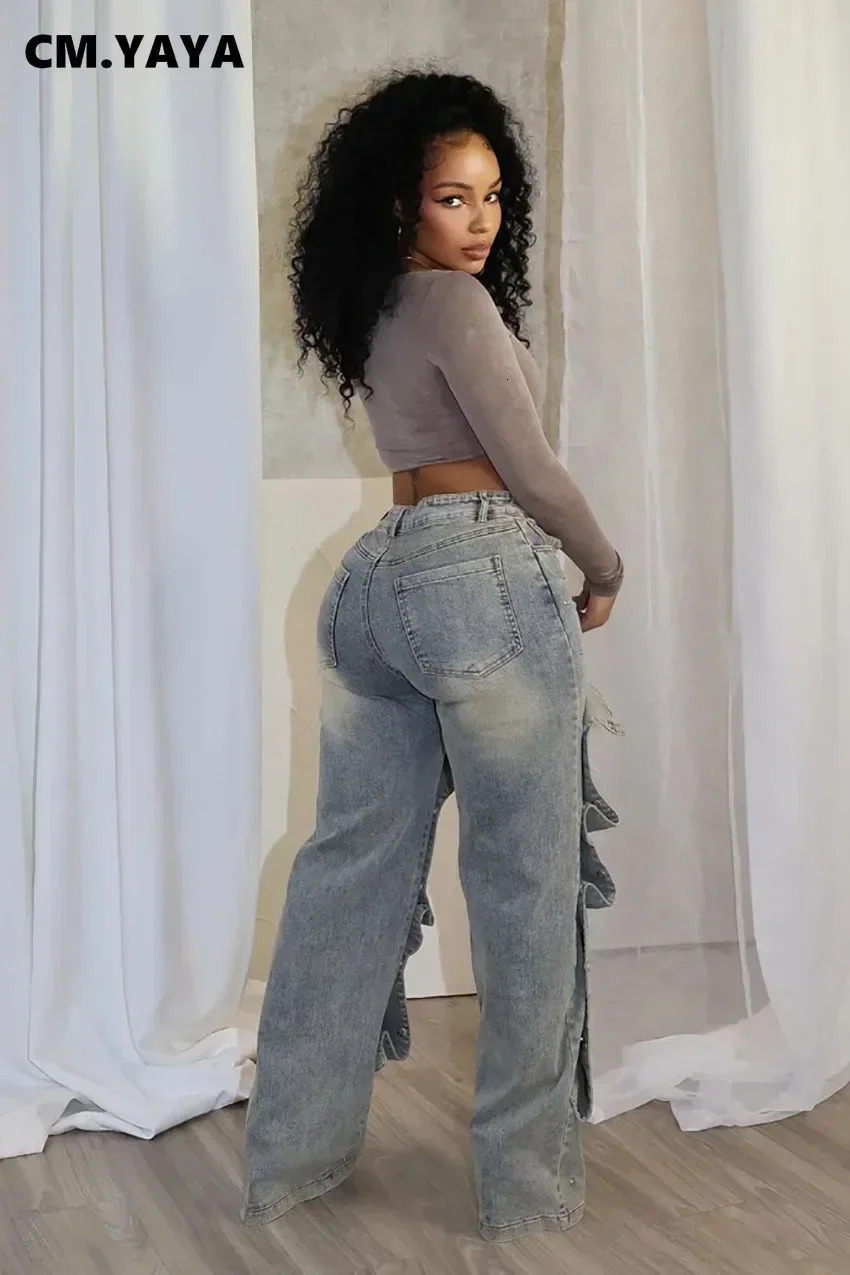 CM.YAYA Womens Street Clothing Button Cut Cargo Straight Denim Wide Leg Jeans Pants INS Elastic Fashion Party Cargo Truck 250320