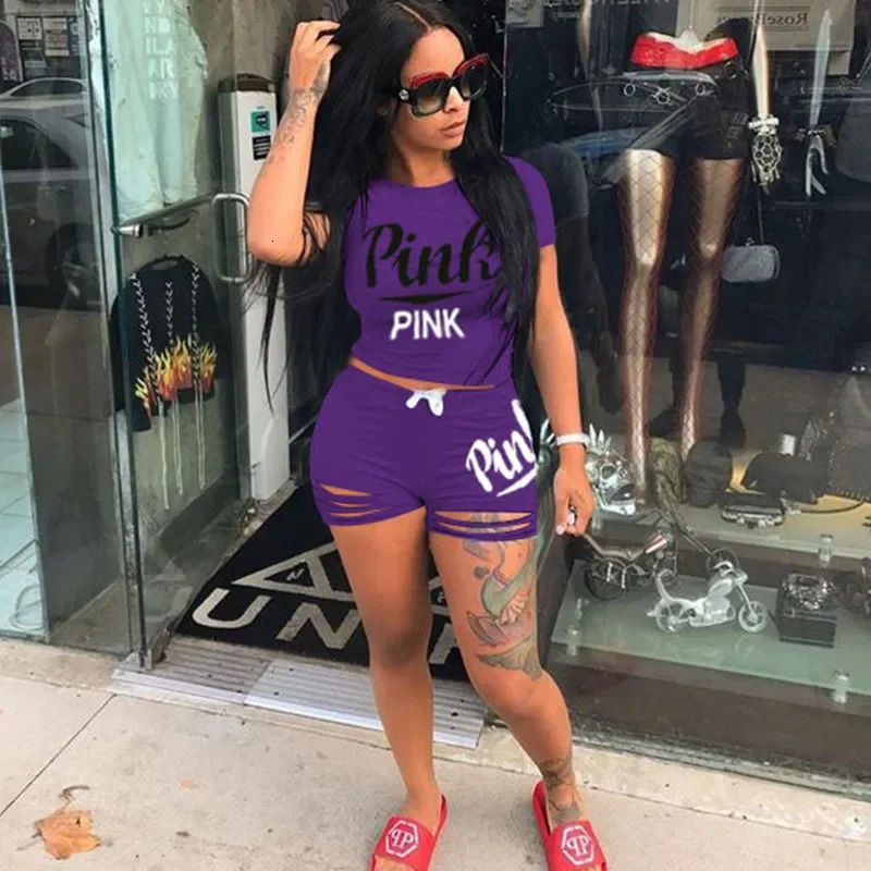 Selling European and American Womens Summer Pink SMS Printing Burning Flower Sports Two Piece Set 250318