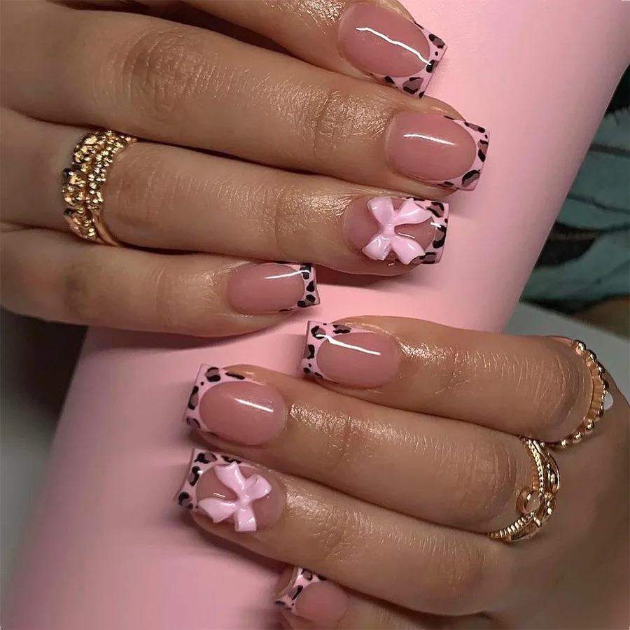 24Pcs Pink French Style Fake Nails 3D Bowknot s Short Square Press on Nails Sweet Korean Fashion False Nail for Women Girl 250319