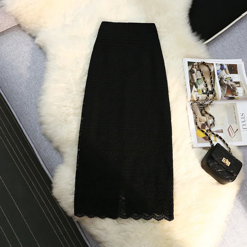High Waist Lace Crochet Elegant Womens Midi Skirts Female Minimalism Chic Back Split Sheath Wrap Skirts Spring Autumn 250320