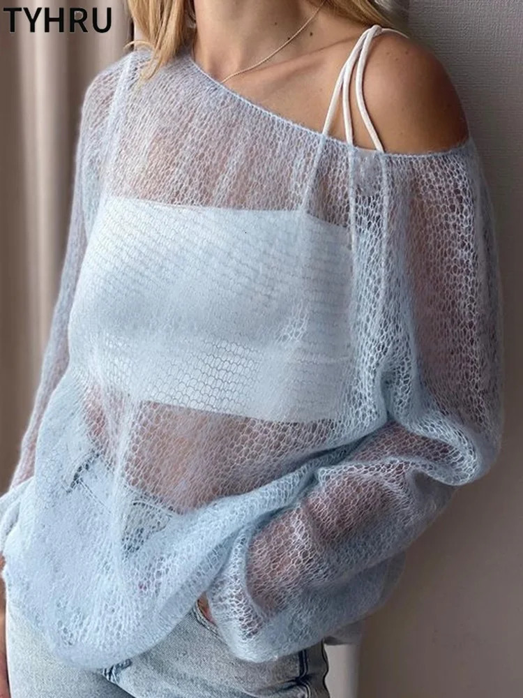 TYHRU Womens Knitted Sweaters Lady Hollow out Thin Pullover Fashion Loose Sweatshirt Top Sweet Elegant Smock Female 250319