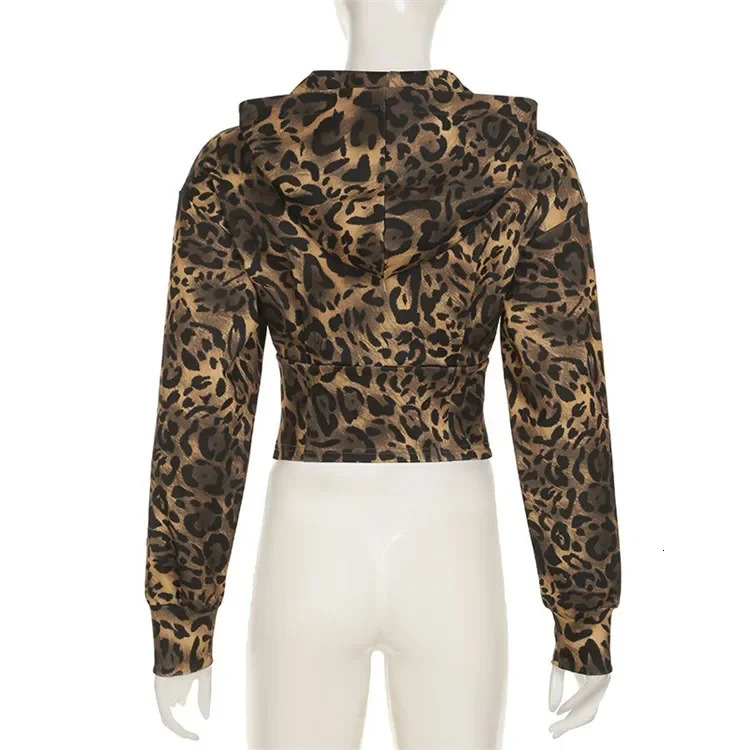 Y2k Leopard Print Hoodies Women Vintage Streetwear Irregular Slim Sexy Cheetah Print Zipper Hooded Sweatshirt 250320