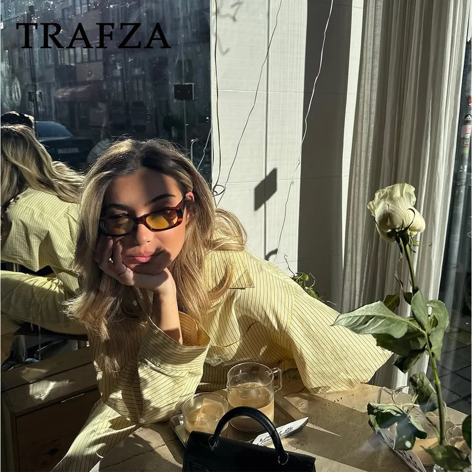 TRAFZA 2025 Spring Summer Casual Poplin Striped Women Suits Fashion Vintage Turn Down Collar Loose Shirts Chic Drawstring Pants 250320