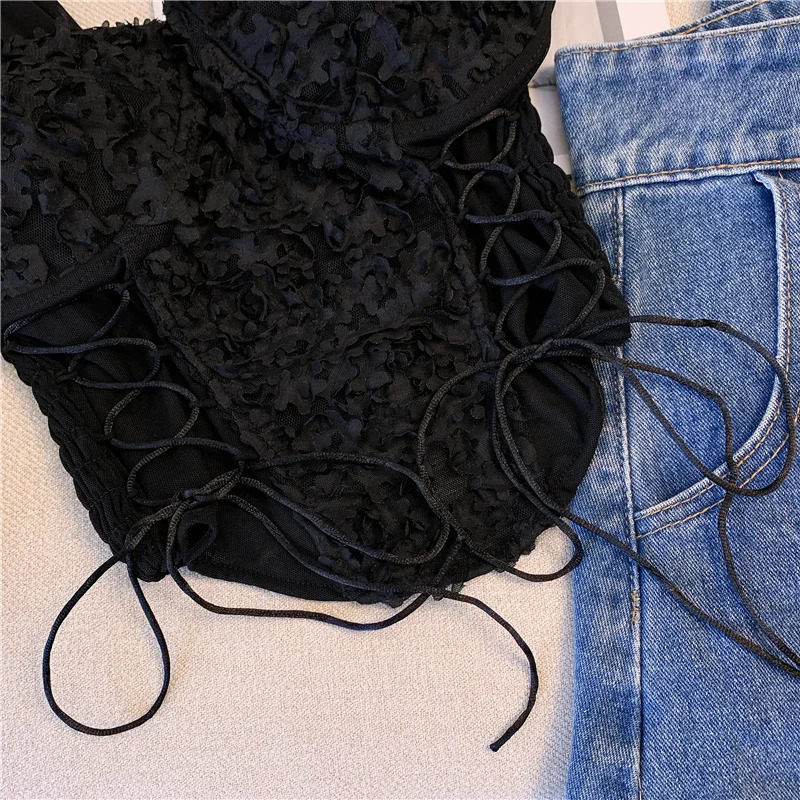 Womens bandage sexy lace strapless irregular top solid pleated crop with bra pad 2024 womens summer backless ultrathin vest 250320