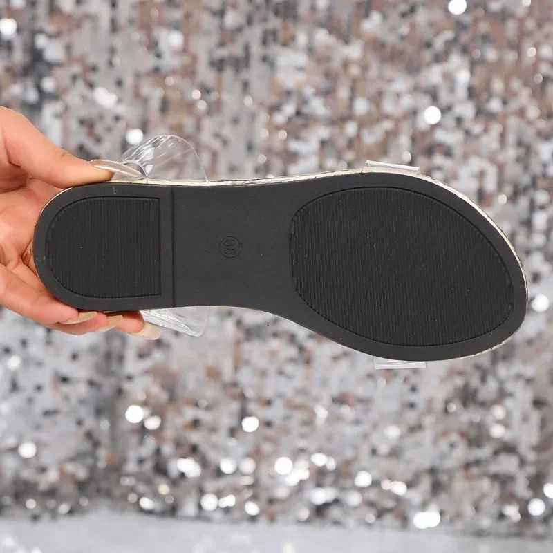 Womens Shoes Plus Size Open Sole Sandals Summer Casual Rhinestone Slippers on Round Flat 250321BJ - view 6