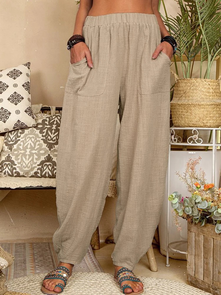 Womens cotton pants summer casual retro pocket thin beach shorts elastic waist wide leg loose harem 250320