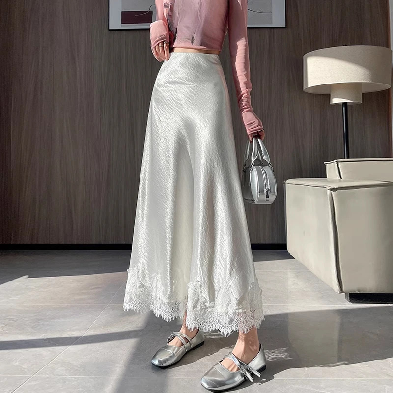Seoulish Spring Summer Lace Patchwork Stain Womens Long Skirts 2025 Elegant High Waist Chic A-line Maxi Skirts Female 250320