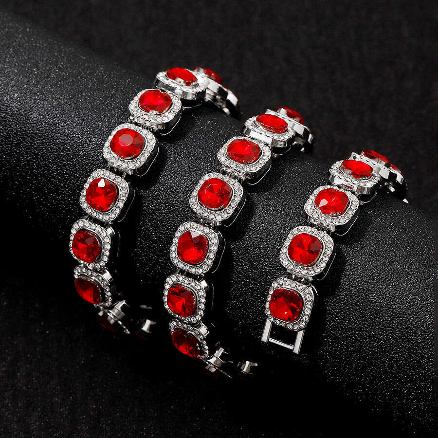 New Hip Hop Red Glass 12mm Cuban Hand Necklace Ice Sugar Chain HipHop Fashion Men's Accessories