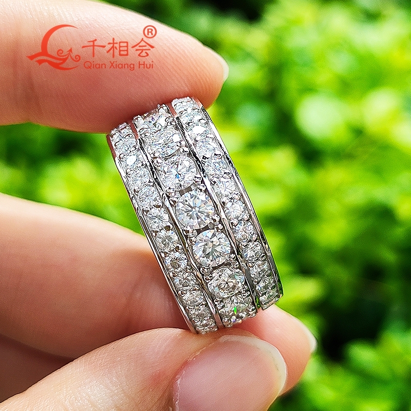 10mm width round Moissanite Ring three rows 2/3 Band 925 Silver hip hop Men women Diamonds Male Jewelry