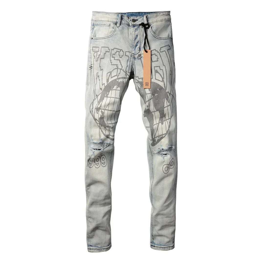 Designer Jeans New American High Street Light Luxury KSUBI Cross Jeans Men's Worn-out Blue Fashion Print Elastic Fine Grain Perforated Men's