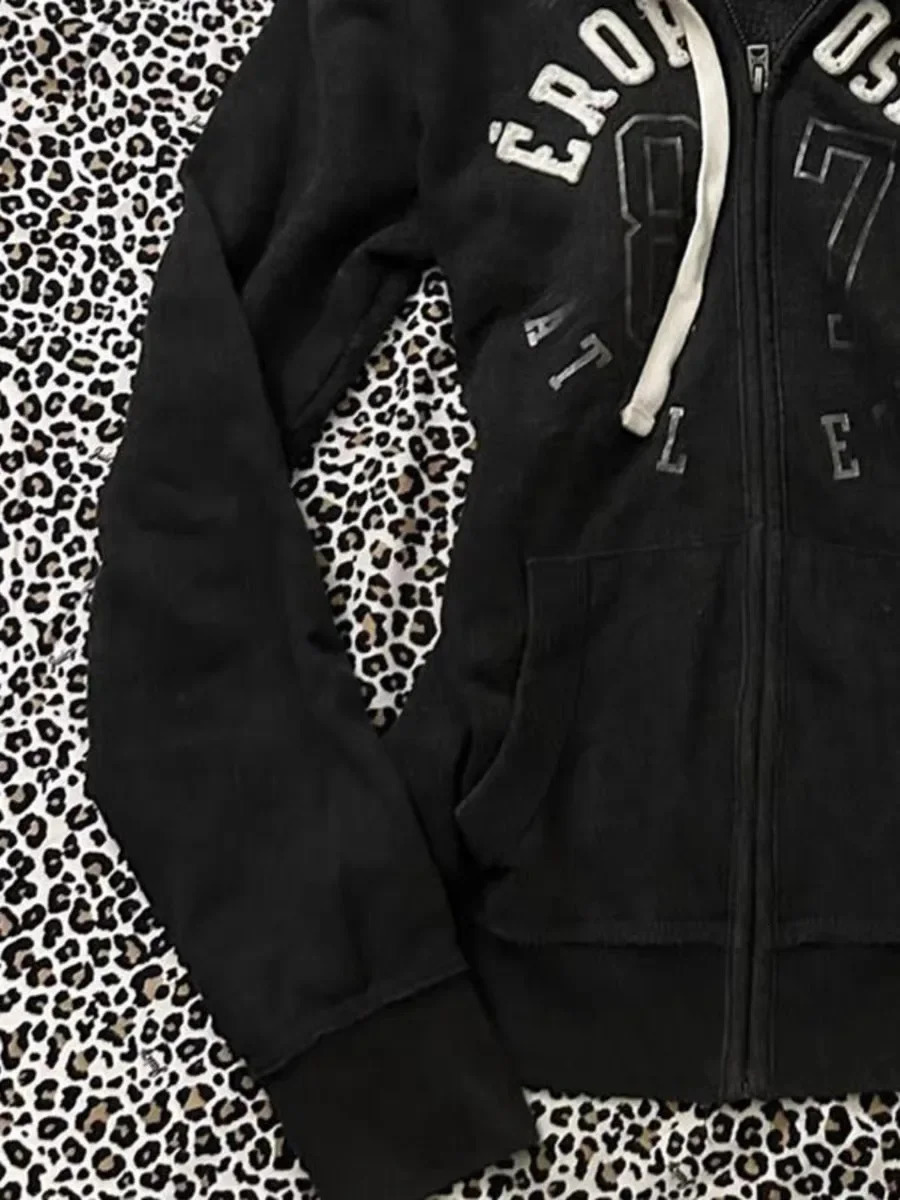 Y2K Womens Zip Up Letter Printed Fur Collar Hoodies Slim Fit Comfortable Simplicity Black Sweatshirts Warm Basic Version Tops 250320