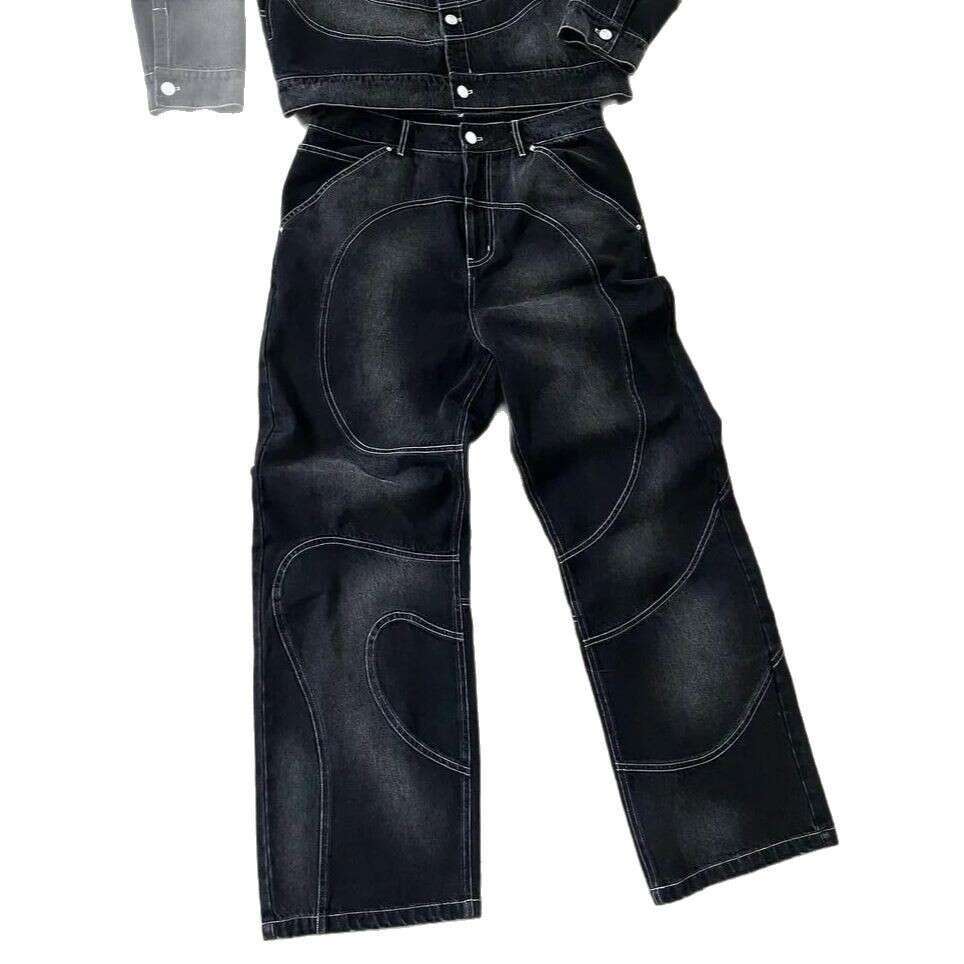 American Street Harajuku Y2K Black Grey High Waist Loose Straight leg Jeans for Men and Women