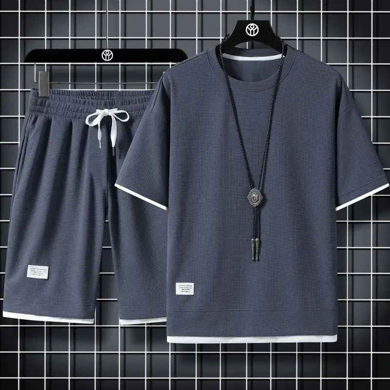 Style Casual Two-Piece Illusion Summer Suit For Men Loose-Fit Youth Students Short Sleeve Shorts 2-Piece Set Thin Fabric 250320