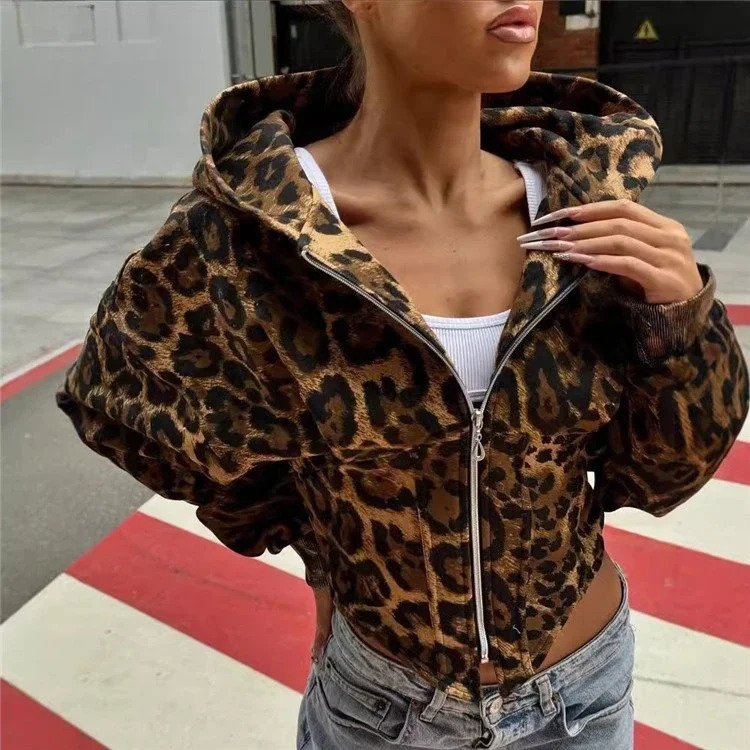 Y2k Leopard Print Hoodies Women Vintage Streetwear Irregular Slim Sexy Cheetah Print Zipper Hooded Sweatshirt 250320