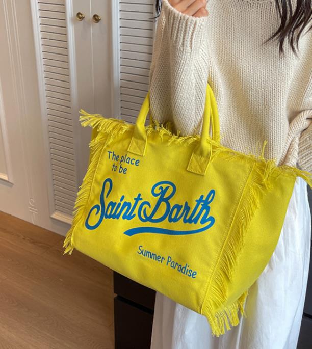 Evening Bags Spring Summer Leisure Holiday Fringe Yellow Striped Printed St. Barts Travel Large Capacity Thick Canvas Tote Bag 231027