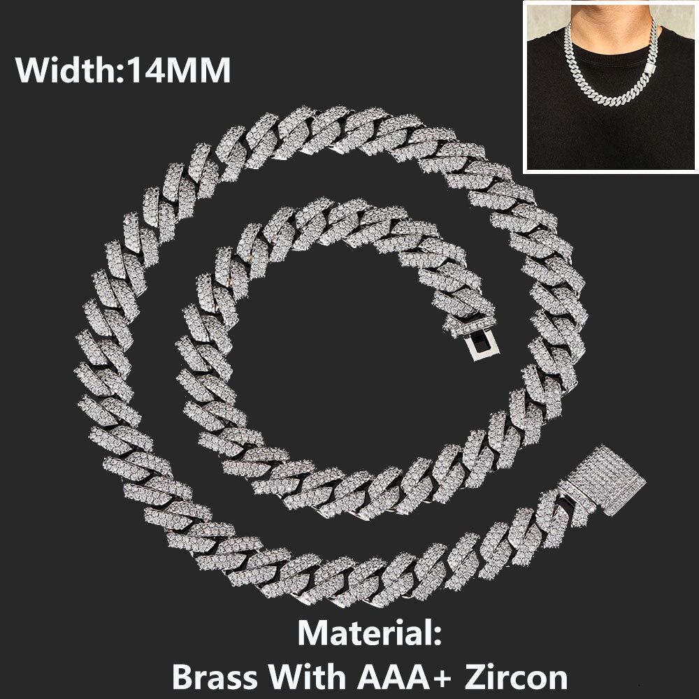 14mm Hip Hop Rhombus Cuban Link Chain Necklace Brass Setting Zircon Box Buckle 18K Gold Plated Iced Out Mens Bracelet