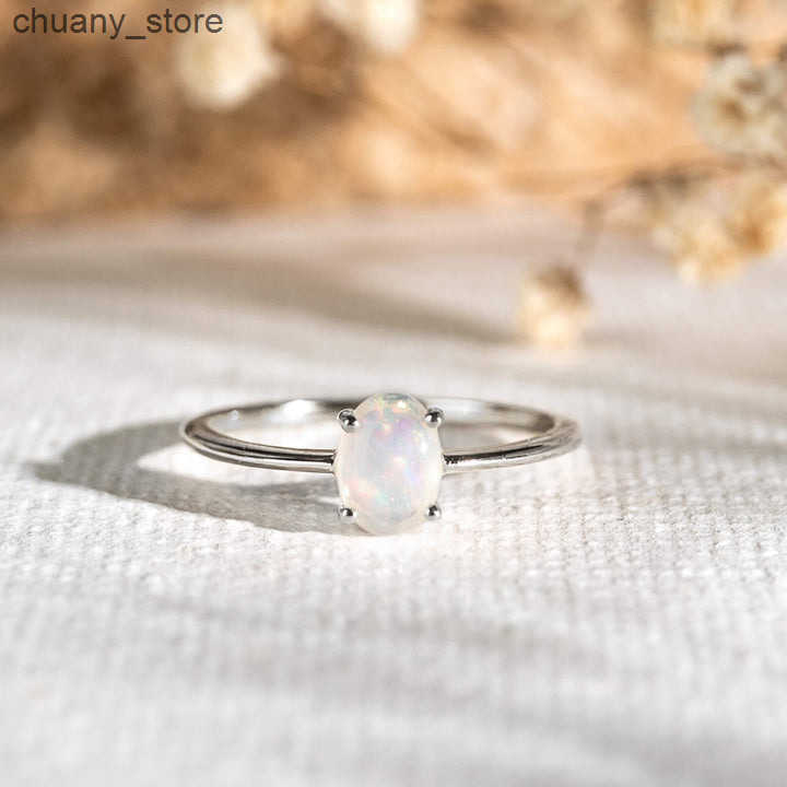Solitaire Ring Gemnel 925 Sterling Silver Natural Opal Oval Stone Dainty Ring Gemstone Jewelry Basic Classic Tiny Band Rings z250321