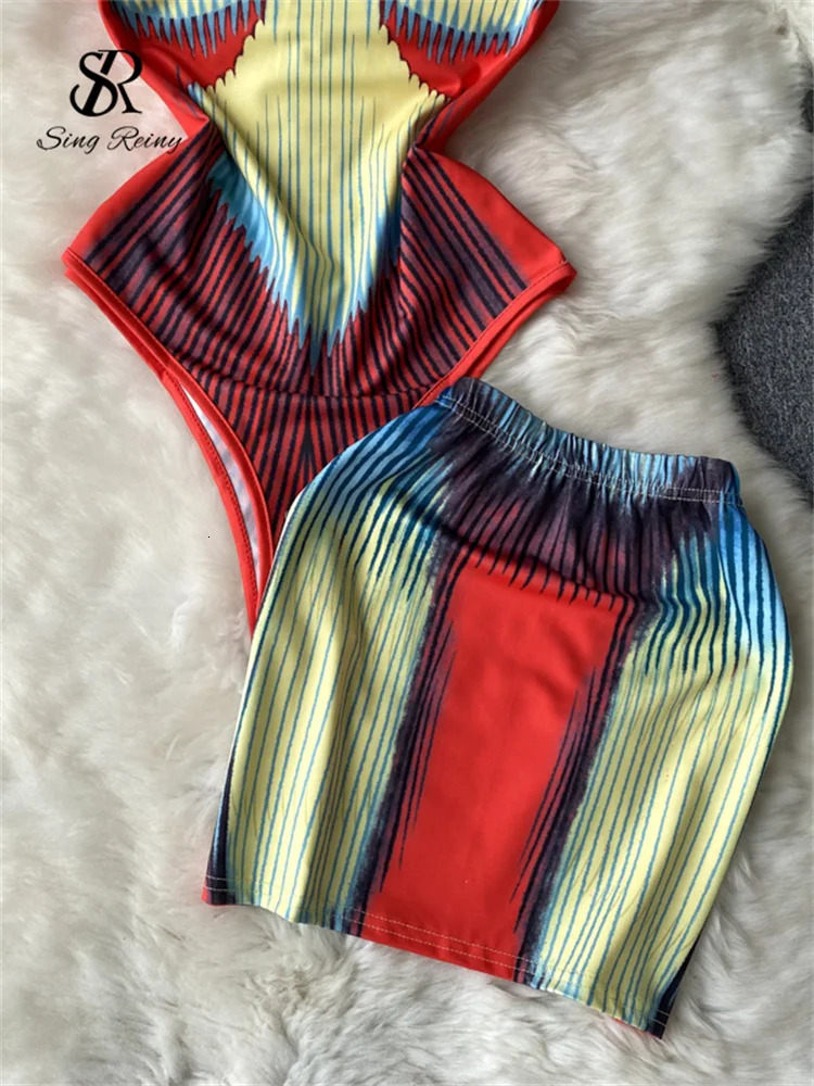 SINGREINY Fashion Print Skirt Suits Women Slim Sleeveless Camis BodysuitsMini Short Skirts Streetwear Summer Playsuit Sets 250320