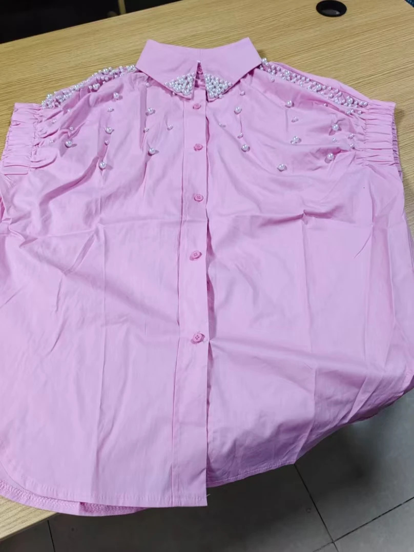 Real Po Pearls Beads Stitch Cotton Loose Casual Elegant Shirts Blouses For Women 2025 Summer Single Breasted Sweet Pink Tops 250320