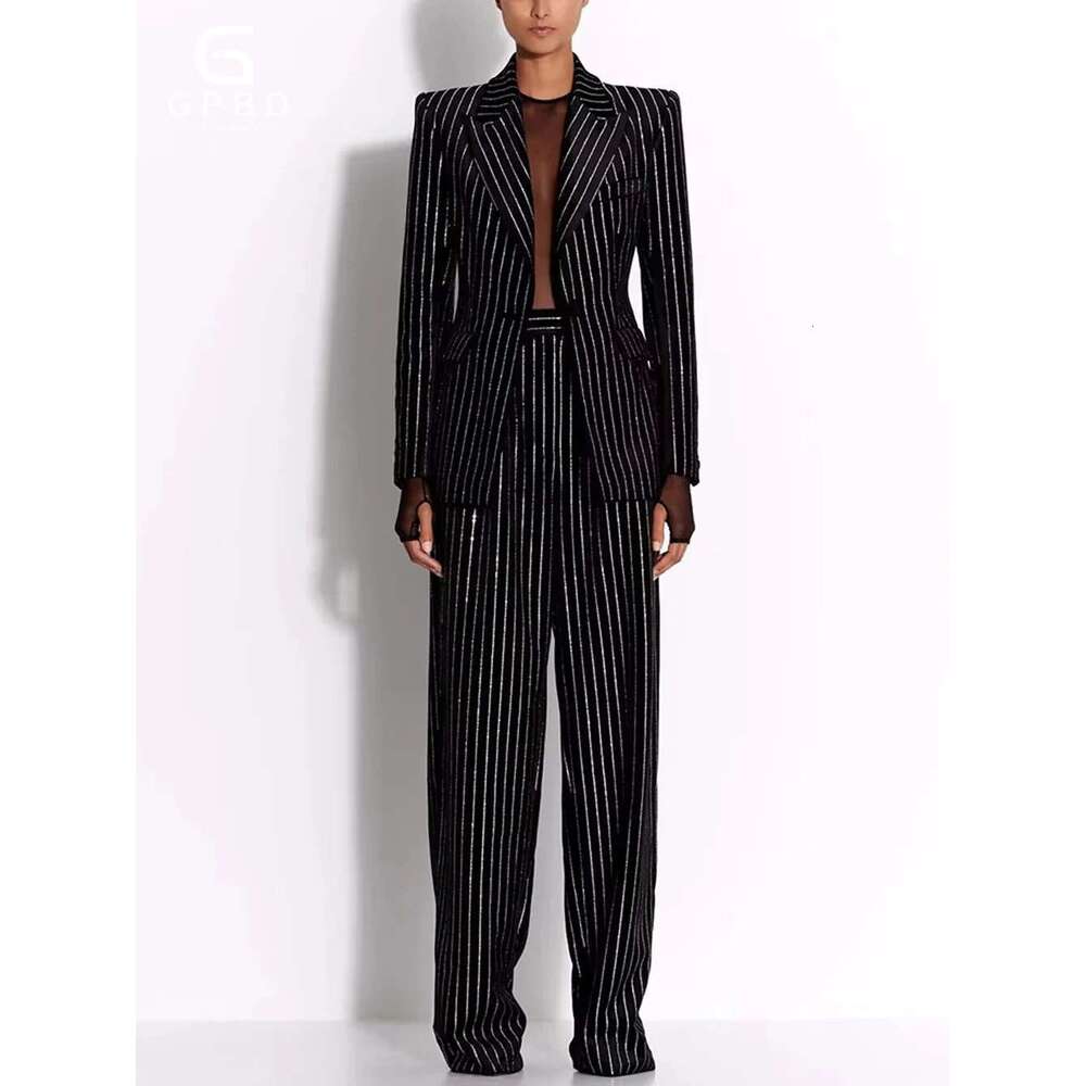 Fashion Autumn Pant Suit Women Hot Drill Striped Female Runway Work Wear Jacket Blazer And Trouser Formal 2 Piece Set